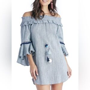 MISA Blue Tassel Off Shoulder Mini Dress NWT
